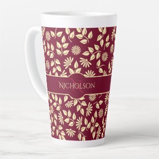 Elegant Monogram Name  Leaf Daisy Pattern Burgundy