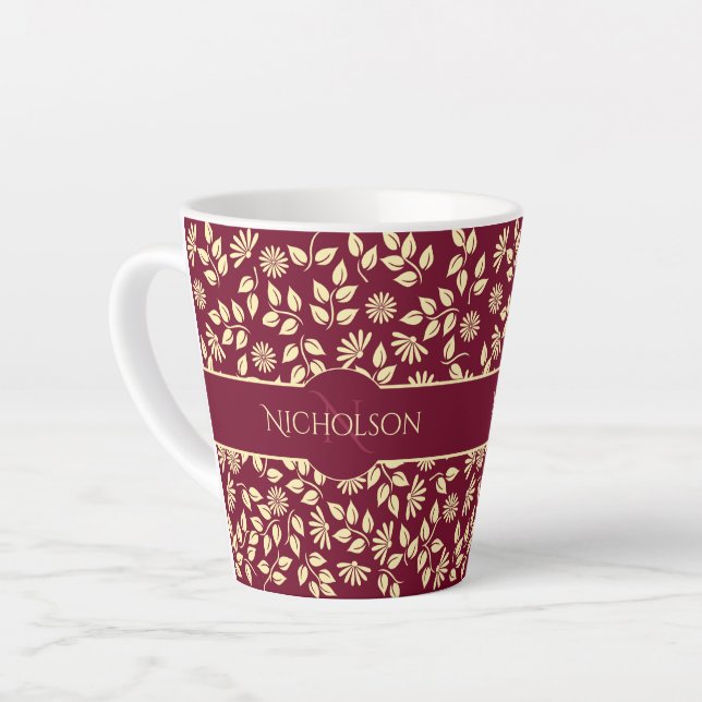 Elegant Monogram Name  Leaf Daisy Pattern Burgundy Latte Mug (Left Angle)