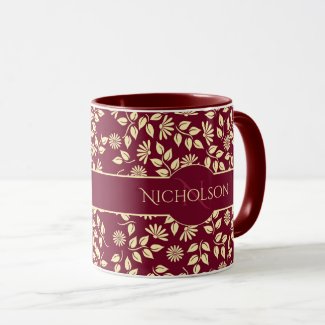 Elegant Monogram Name  Leaf Daisy Pattern Burgundy