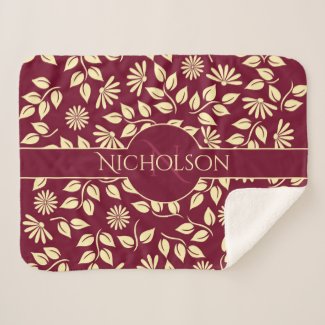 Elegant Monogram Name Leaf Daisy Pattern Burgundy Sherpa Blanket