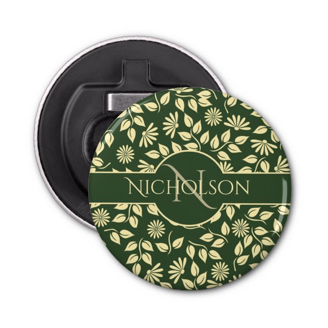 Elegant Monogram Name  Leaf Daisy Pattern Green Bottle Opener (Front)