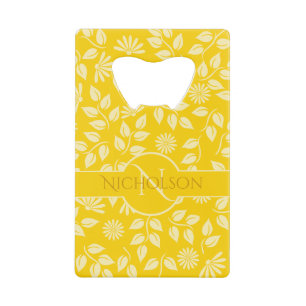 Elegant Monogram Name Leaf Daisy Pattern Yellow Credit Card Bottle Opener