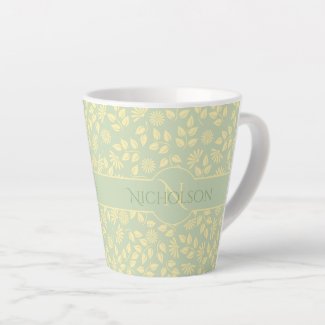 Elegant Monogram Name  Leaf Pattern Pastel Green