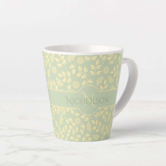 Elegant Monogram Name  Leaf Pattern Pastel Green Latte Mug (Right Angle)