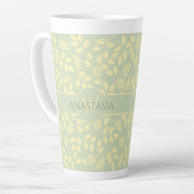 Elegant Monogram Name  Leaf Pattern Pastel Green Latte Mug (Left Angle)