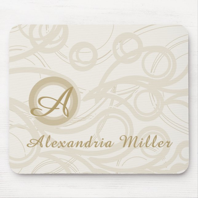 Elegant Monogram Name Linen Swirl Pattern Mouse Pad (Front)