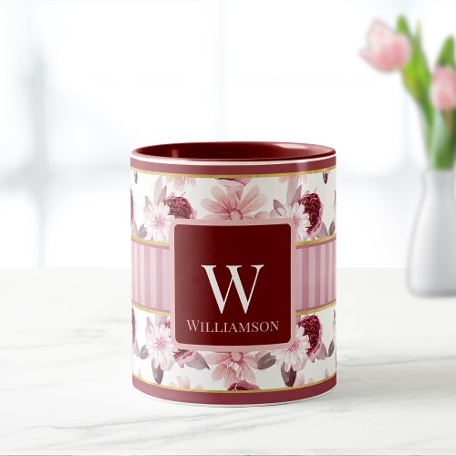 Elegant Monogram Name Magenta White Floral Stripe  Mug