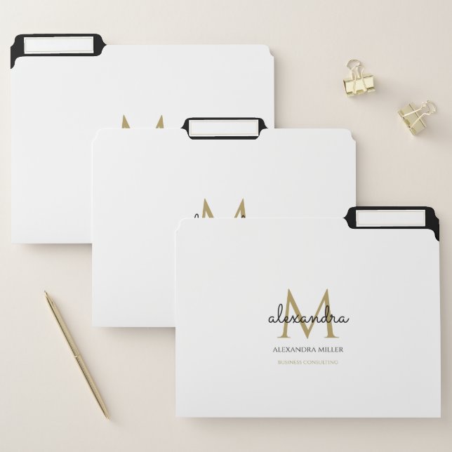 Elegant Monogram Name Modern Black White Gold File Folder (Set)
