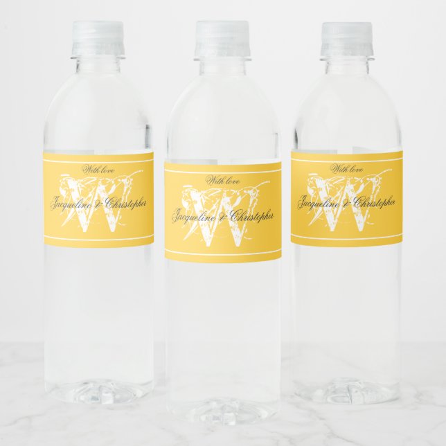 Elegant Monogram + Name Modern Chic Yellow Wedding Water Bottle Label (Bottles)