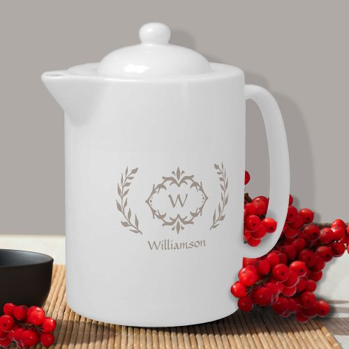 Elegant Monogram Name Modern Wreath Beige Brown Teapot
