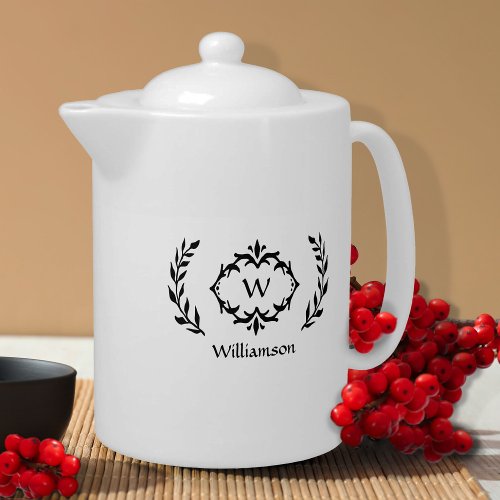 Elegant Monogram Name Modern Wreath Black  White Teapot