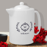 Elegant Monogram Name Modern Wreath Blue White Teapot<br><div class="desc">Personalize your kitchen with our elegant monogrammed name and initial neutral luxury navy blue& white design featuring a unique laurel wreath and custom text option. All colors in this design including the wreath image may be changed to any color of your choice with the Zazzle design tool. Special vector graphic...</div>