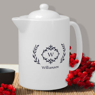 Elegant Monogram Name Modern Wreath Blue White Teapot