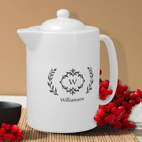 Elegant Monogram Name Modern Wreath Brown  White Teapot