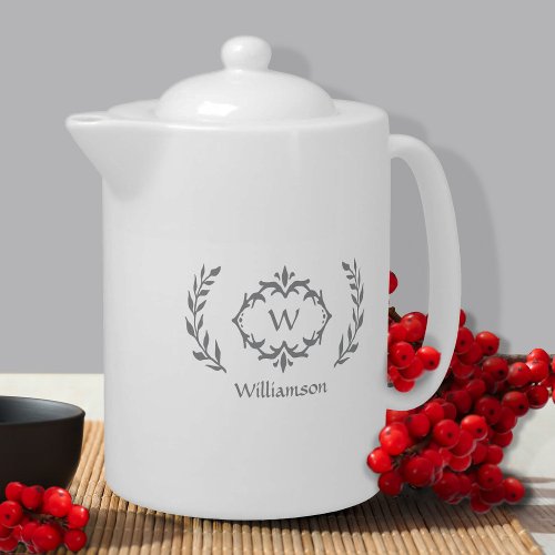 Elegant Monogram Name Modern Wreath Gray  White Teapot