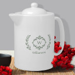 Elegant Monogram Name Modern Wreath Green & White Teapot<br><div class="desc">Personalize your kitchen with our elegant monogrammed name and initial trendy luxury green & white design featuring a unique laurel wreath and custom text option. All colors in this design including the wreath image may be changed to any color of your choice with the Zazzle design tool. Special vector graphic...</div>