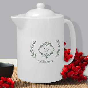 Elegant Monogram Name Modern Wreath Green & White Teapot