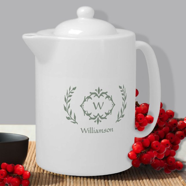 Elegant Monogram Name Modern Wreath Green & White Teapot (Creator Uploaded)