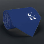 Elegant Monogram   Name | Navy Blue | Two-Sided Neck Tie<br><div class="desc">An elegant 2 sided necktie featuring a bold white monogram across a deep Navy Blue background. Atop this monogram sits your first or last name spelled out in all capitals. If you prefer a bolder look for the personal name inside of the large letter you can do the following: Use...</div>