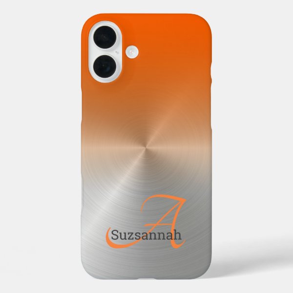 Elegant Monogram Name Orange Ombre Faux Metal