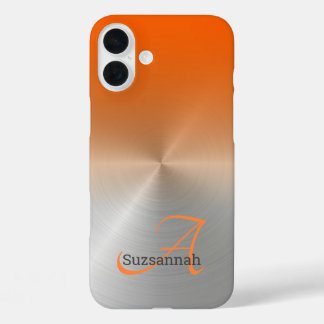 Elegant Monogram Name Orange Ombre Faux Metal iPhone 16 Plus Case