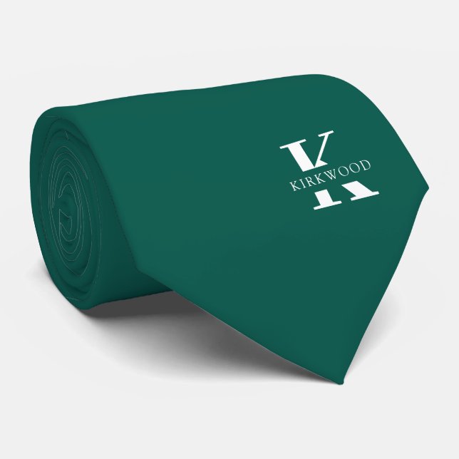 Elegant Monogram + Name | Pine Green | One-Sided Neck Tie (Rolled)
