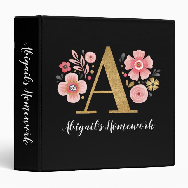 Elegant Monogram Name Pink Black Floral School 3 Ring Binder (Front/Spine)