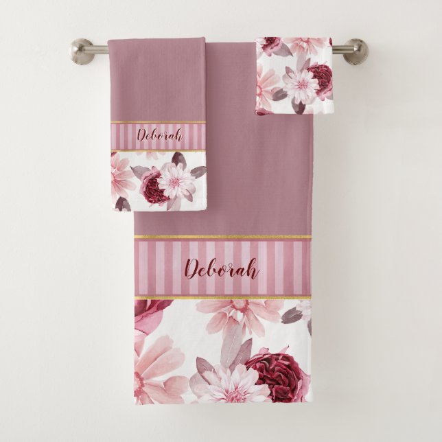 Elegant Monogram Name Pink Burgundy Floral Stripe  Bath Towel Set (Insitu)