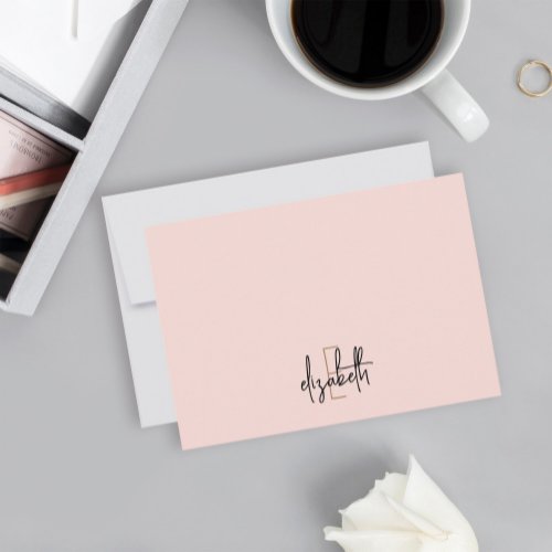 Elegant Monogram Name Pink Gold Script Note Card