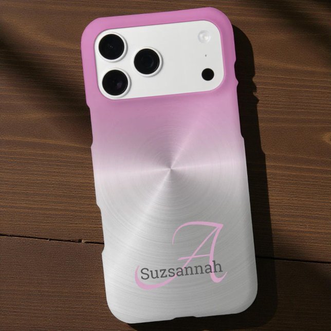 Elegant Monogram Name Pink Ombre Faux Metal Case-Mate iPhone Case (Pink ombre monogram and name template iPhone case)