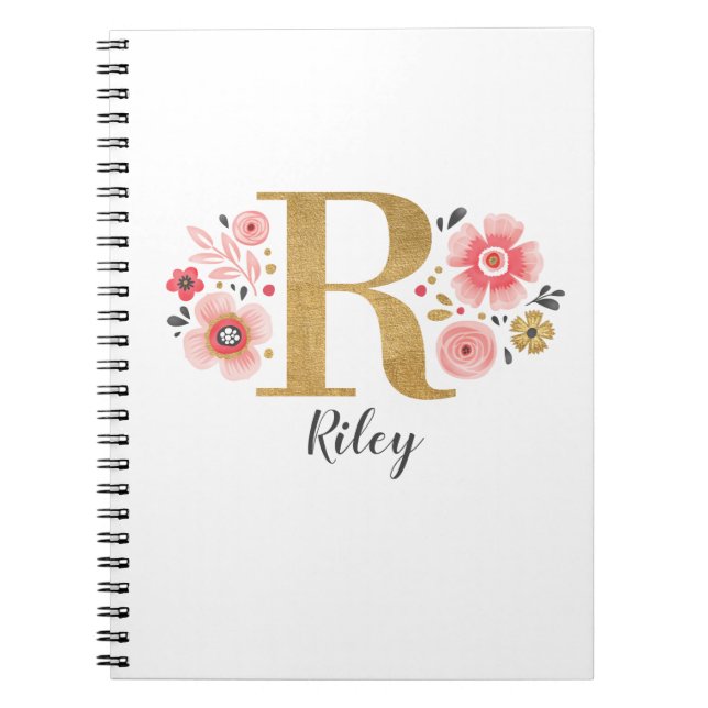 Elegant Monogram Name Pink White Floral Office Notebook (Front)