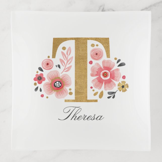 Elegant Monogram Name Pink White Floral Script Trinket Tray (Front)