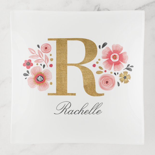 Elegant Monogram Name Pink White Floral Script Trinket Tray (Front)