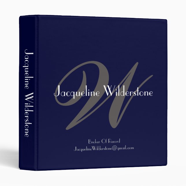  Elegant Monogram + Name Professional Realtor Navy 3 Ring Binder (Front/Spine)