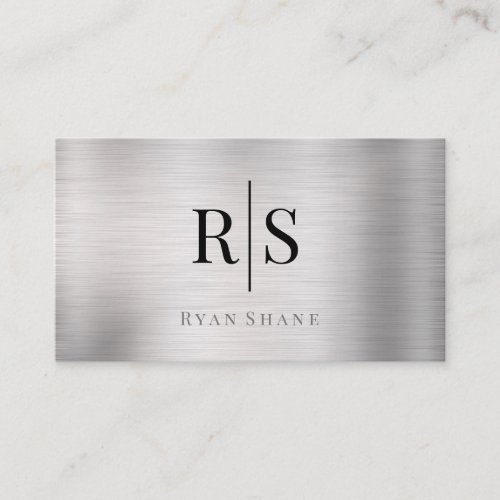 Elegant Monogram  Name  QR Code Brushed Silver Business Card