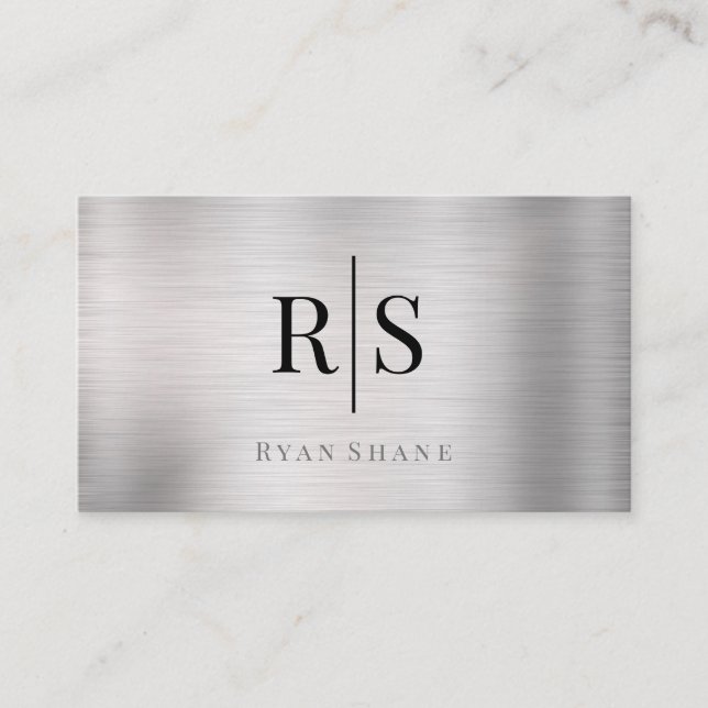 Elegant Monogram & Name,  QR Code, Brushed Silver Business Card (Front)