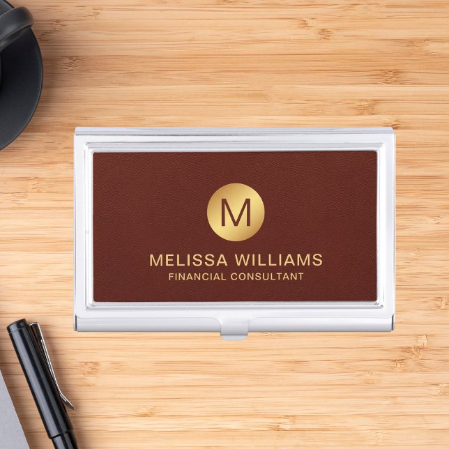 Elegant Monogram Name Red Leather & Gold  Business Card Case (Creator Uploaded)