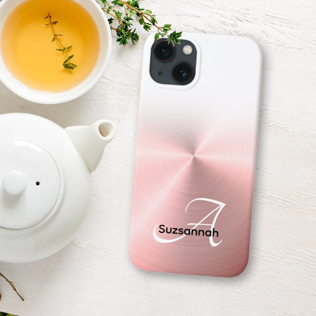 Elegant Monogram Name Rose Gold Faux Metal Case-Mate iPhone Case (An idea when you are looking for a special gift. A personalized phone case for the latest iPhones.)