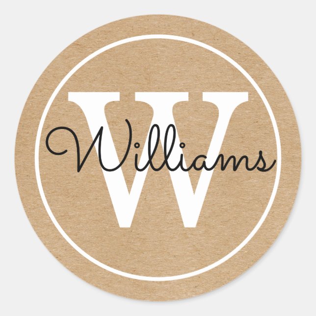 Elegant Monogram Name Rustic Kraft Classic Round Sticker (Front)