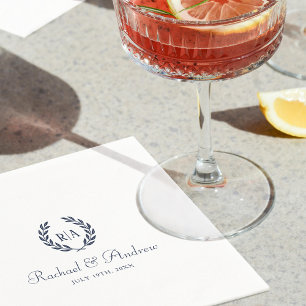 Elegant Monogram Name Wedding Wreath Navy Napkins