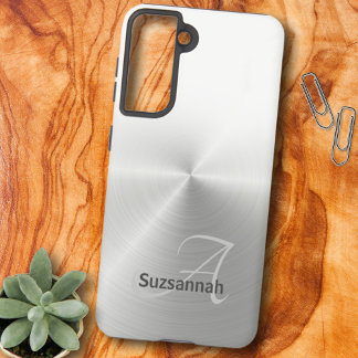 Elegant Monogram Name White Ombre Faux Metal Samsung Galaxy S22+ Case