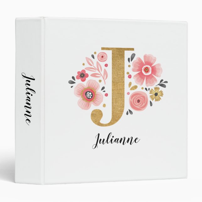 Elegant Monogram Name White Pink Floral Script 3 Ring Binder (Front/Spine)