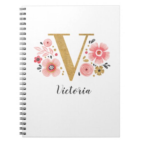 Elegant Monogram Name White Pink Floral Script Notebook