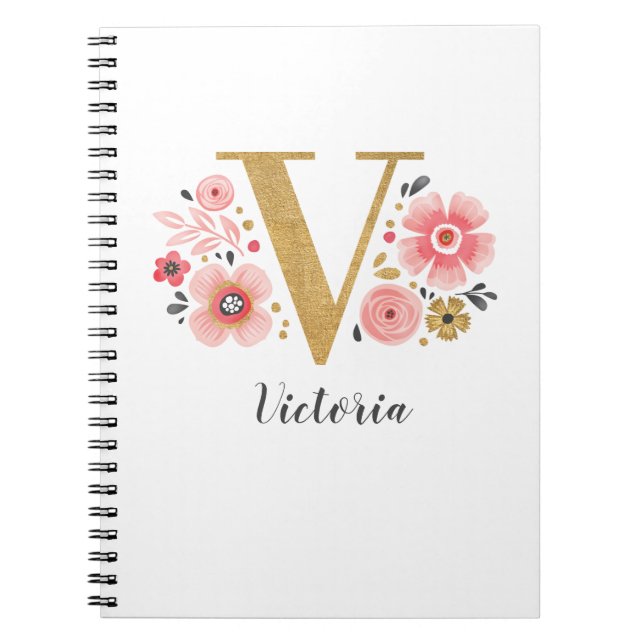 Elegant Monogram Name White Pink Floral Script Notebook (Front)