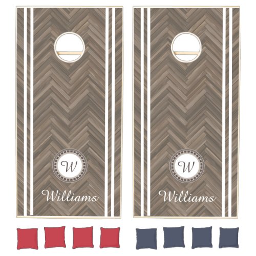 Elegant Monogram Name Wood Chevron Pattern Cornhole Set