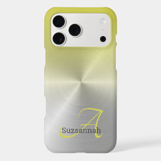 Elegant Monogram Name Yellow Ombre Faux Metal iPhone 17 Pro Max Case