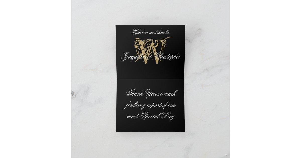 Elegant Monogram Names Black Gold Wedding Folded Thank You Card | Zazzle