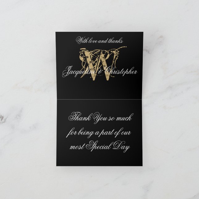 Elegant Monogram Names Black Gold Wedding Folded  Thank You Card (Inside)