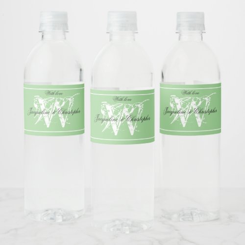 Elegant Monogram + Names Chic Soft Green Wedding Water Bottle Label