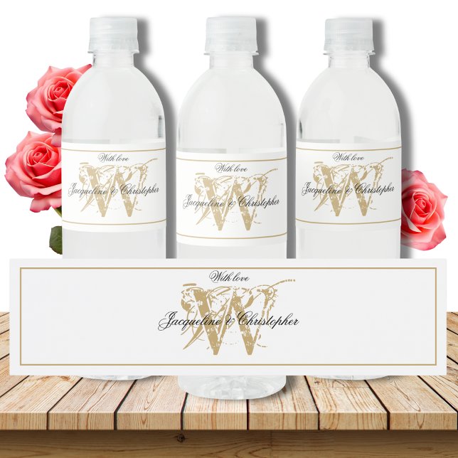 Elegant Monogram Names Chic White & Gold Wedding Water Bottle Label (Elegant White, Gold & Black  Wedding Water Bottle Label)